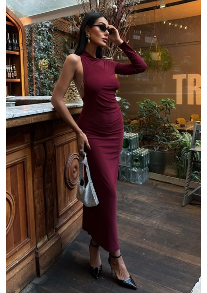 Kadın Bordo Candy Kumaş Uzun Tek Kol Elbise