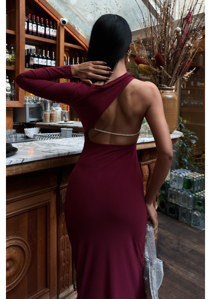 Kadın Bordo Candy Kumaş Uzun Tek Kol Elbise modelleri