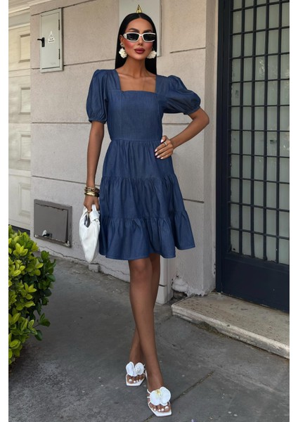 Kadın Koyu Mavi Tencel Kare Yaka Mini Elbise