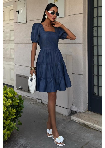 Kadın Koyu Mavi Tencel Kare Yaka Mini Elbise fiyatları