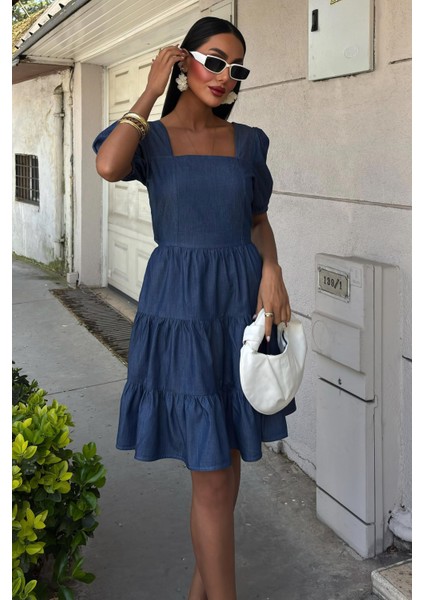 Kadın Koyu Mavi Tencel Kare Yaka Mini Elbise modelleri