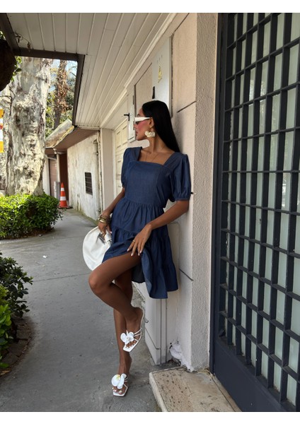 Kadın Koyu Mavi Tencel Kare Yaka Mini Elbise fırsatları