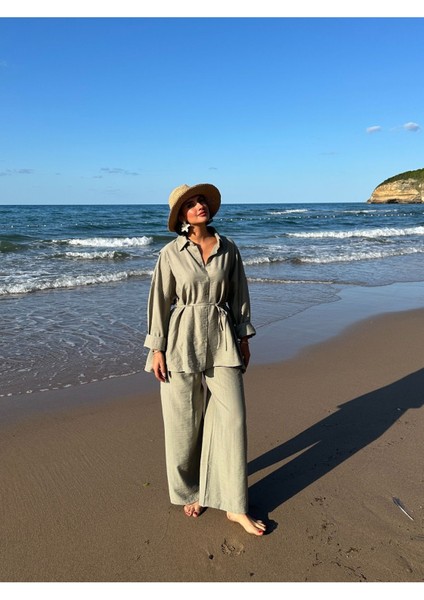 Çilek Keten Gömlekli Oversize Takım