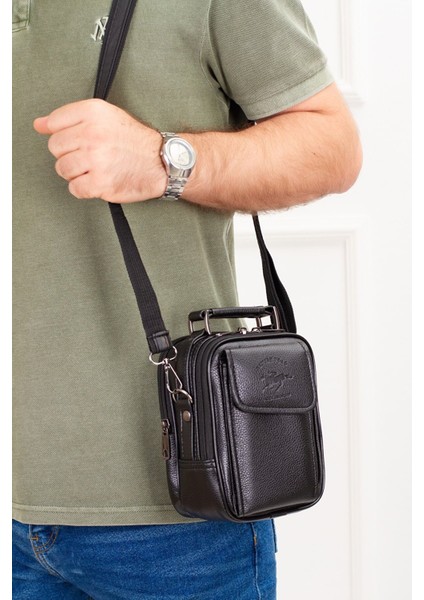 Erkek Deri Çelik Kasalı Kapaklı Omuz ve El Çantası (15X19CM) NEWPOLO189 - Siyah