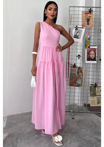 Kadın Pembe Tek Omuz Wual Maxi Elbise