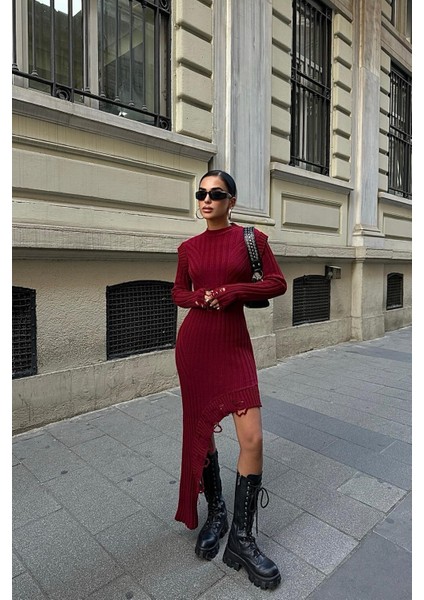 Kadın Bordo Fitilli Akrilik Uzun Elbise
