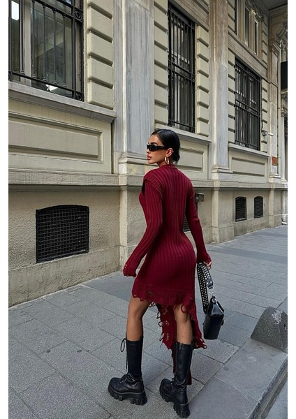 Kadın Bordo Fitilli Akrilik Uzun Elbise modelleri