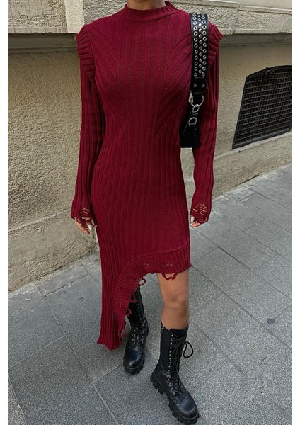 Kadın Bordo Fitilli Akrilik Uzun Elbise indirimleri