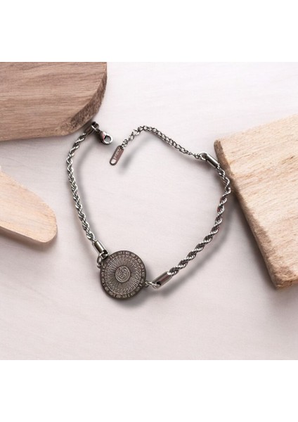 Gri Burgulu Zincirli Yuvarlak Figürlü Çelik Bileklik