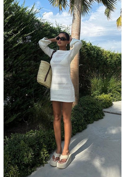 Kadın Ekru Triko Uzun Kol Mini Elbise fiyatları