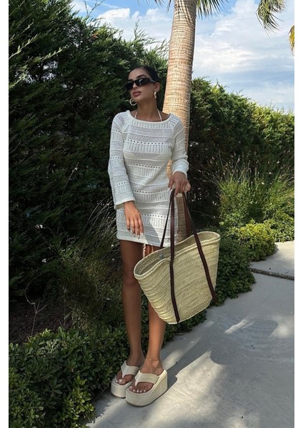 Kadın Ekru Triko Uzun Kol Mini Elbise modelleri