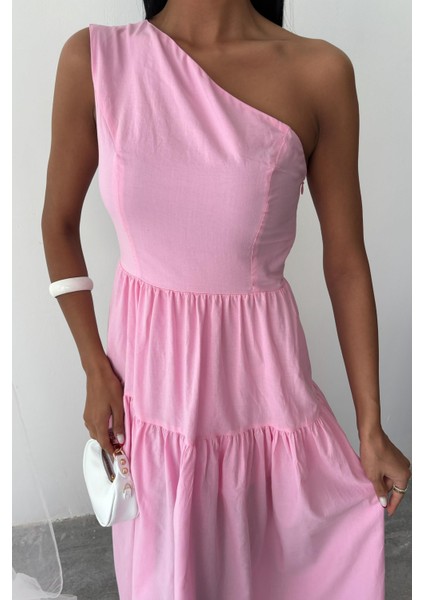 Kadın Pembe Tek Omuz Wual Maxi Elbise modelleri