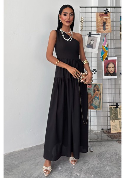 Kadın Siyah Wual Tek Omuzlu Maxi Elbise indirimleri