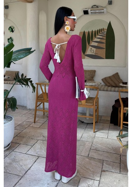 Kadın Mürdüm Ajurlu Örme Uzun V Yaka Elbise fiyatları