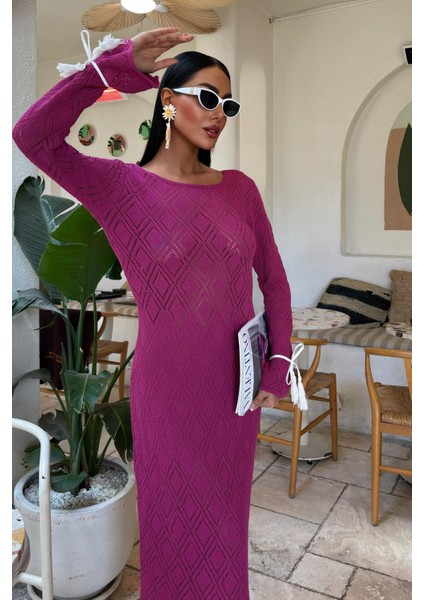 Kadın Mürdüm Ajurlu Örme Uzun V Yaka Elbise modelleri