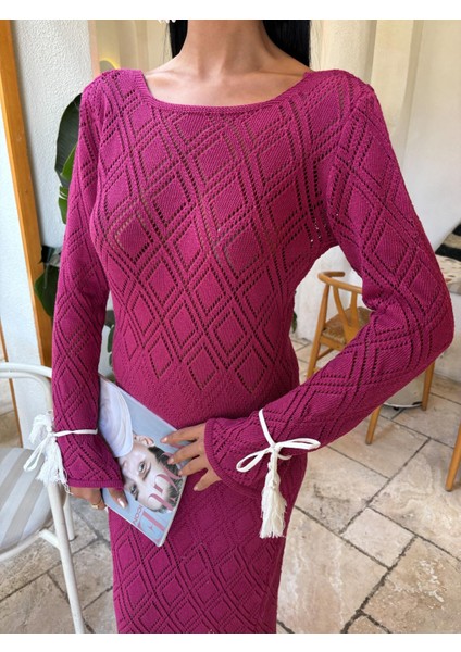 Kadın Mürdüm Ajurlu Örme Uzun V Yaka Elbise fırsatları