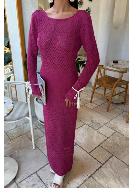 Kadın Mürdüm Ajurlu Örme Uzun V Yaka Elbise indirimleri