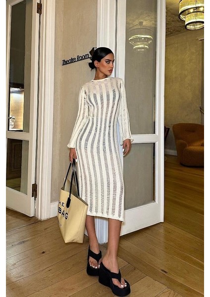 Kadın Ekru Pamuk Kruvaze Midi Elbise