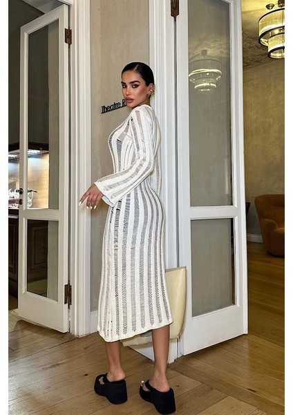 Kadın Ekru Pamuk Kruvaze Midi Elbise fiyatları