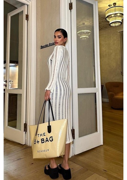 Kadın Ekru Pamuk Kruvaze Midi Elbise modelleri