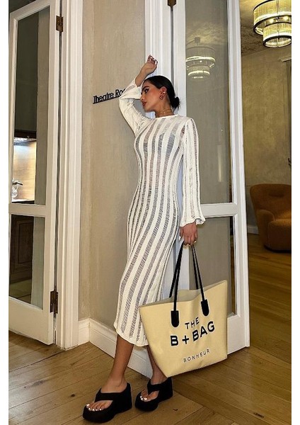 Kadın Ekru Pamuk Kruvaze Midi Elbise indirimleri