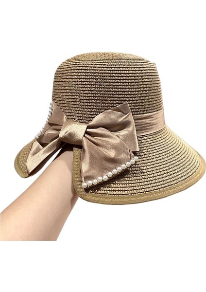 Yaz Inci Fiyonk Güneş Şapkası Kadın Moda Hasır Şapka Kore Versiyonu Inci Büyük Siperlik Yüz Örtüsü Güneş Koruması Güneş Balıkçı Şapkası (Yurt Dışından)