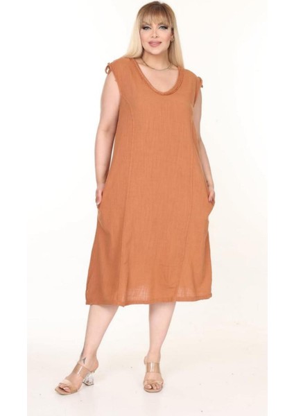 Kadın Büyük Beden Yaka Örgü Detay Omuz Büzgü Detay %100 Pamuk V Yaka Kolsuz Elbise