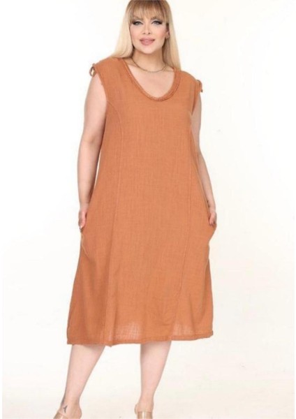 Kadın Büyük Beden Yaka Örgü Detay Omuz Büzgü Detay %100 Pamuk V Yaka Kolsuz Elbise fiyatları