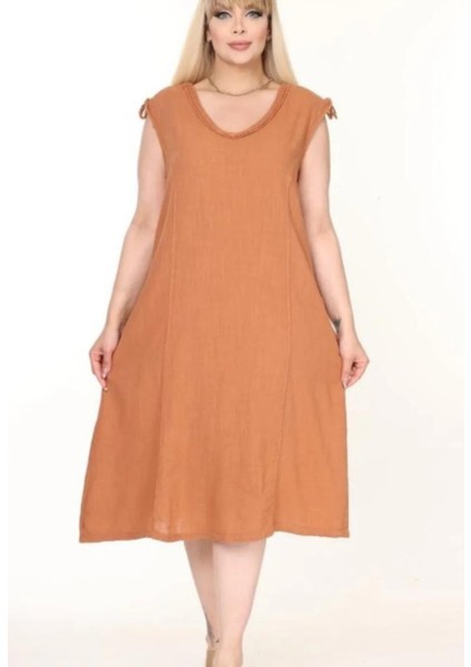 Kadın Büyük Beden Yaka Örgü Detay Omuz Büzgü Detay %100 Pamuk V Yaka Kolsuz Elbise fırsatları