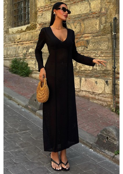Kadın Siyah Örme Uzun V Yaka Elbise modelleri