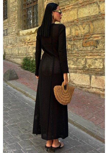 Kadın Siyah Örme Uzun V Yaka Elbise fırsatları