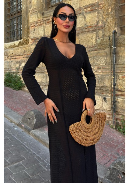 Kadın Siyah Örme Uzun V Yaka Elbise indirimleri