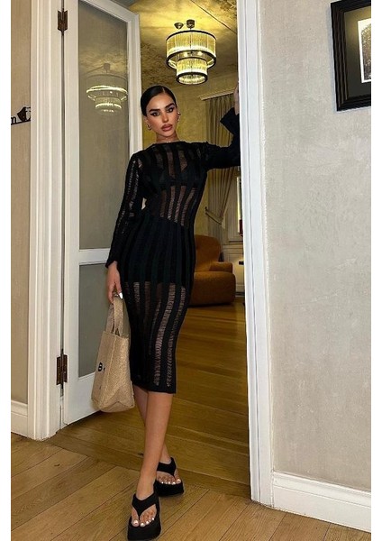 Kadın Siyah Pamuk Oversize Kroşe Midi Elbise