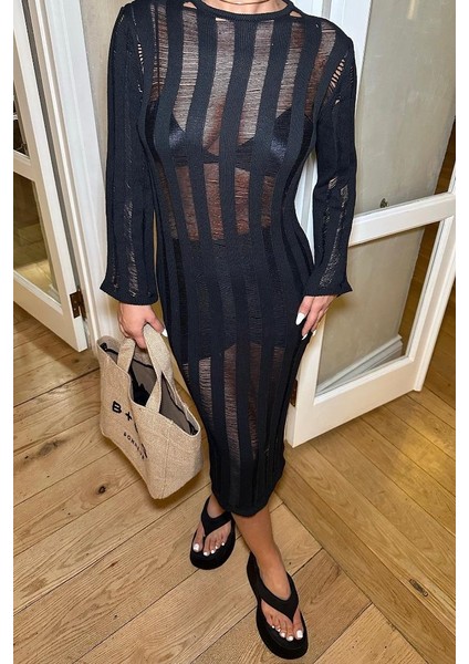 Kadın Siyah Pamuk Oversize Kroşe Midi Elbise fiyatları