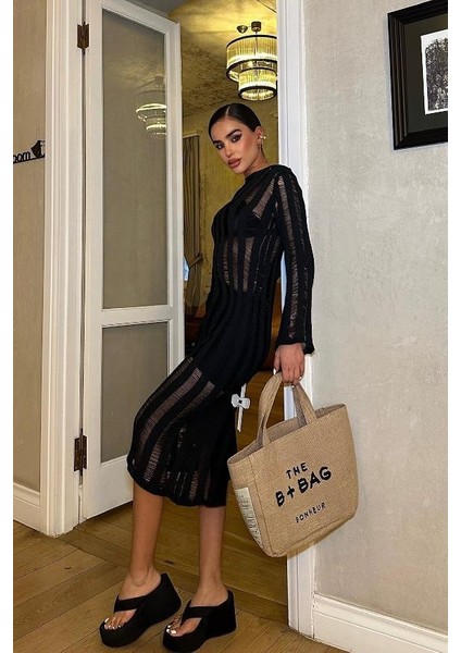 Kadın Siyah Pamuk Oversize Kroşe Midi Elbise modelleri