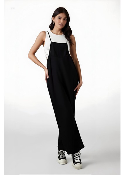 Kadın Siyah Ayarlanabilir Askılı Cepli Bol Paça Bahçıvan Tulum HZL22S-BD170191