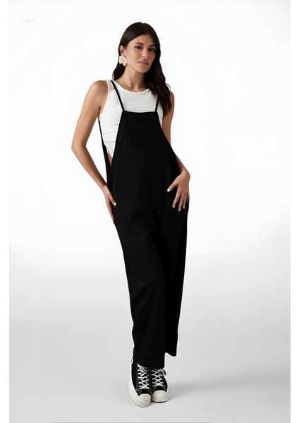 Kadın Siyah Ayarlanabilir Askılı Cepli Bol Paça Bahçıvan Tulum HZL22S-BD170191 modelleri
