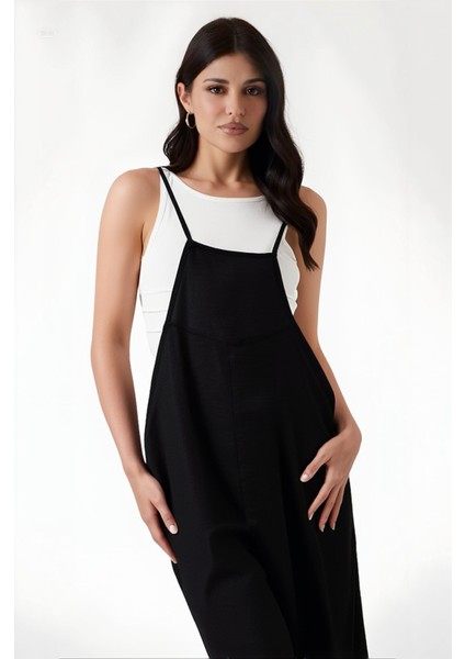 Kadın Siyah Ayarlanabilir Askılı Cepli Bol Paça Bahçıvan Tulum HZL22S-BD170191 fiyatları