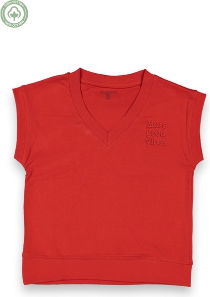 Kız Çocuk Kırmızı Süveter Kaşkorse V Yakalı Kolsuz Triko
