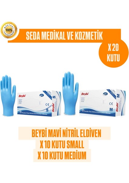 20 Kutu Pudrasız Mavi Nitril Muayene Eldiveni- Small / Medium Beden