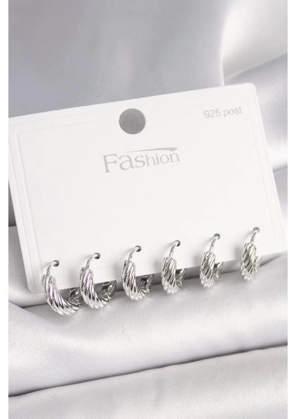 925 Ayar Gümüş Çivi Pirinç Gümüş Renk Işlemeli Halka Model Kadın Küpe Seti - BKP10410 (7272)