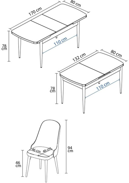 Ikon Siyah Mermer 80X132 Açılabilir Mdf Masa Yemek Odası Takımı, Mutfak Takımı 6 Adet Sandalye indirimleri
