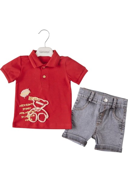 Nakışlı Pike Tshırt Kot Şort Takım Kırmızı
