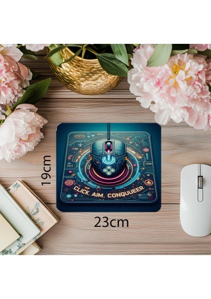 Click Aim Conquer Yazılı Gamer Mousepad - 19X23 cm 2 mm Dikdörtgen Ithal Baskılı Mouse Pad
