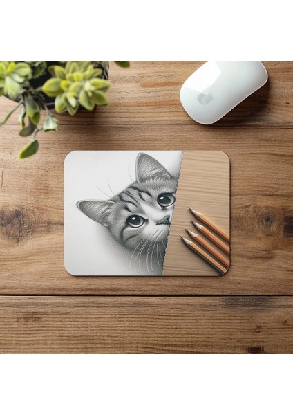 Köşeden Bakan Meraklı Kedi Mousepad - 19X23 cm 2 mm Dikdörtgen Ithal Baskılı Mouse Pad fırsatları