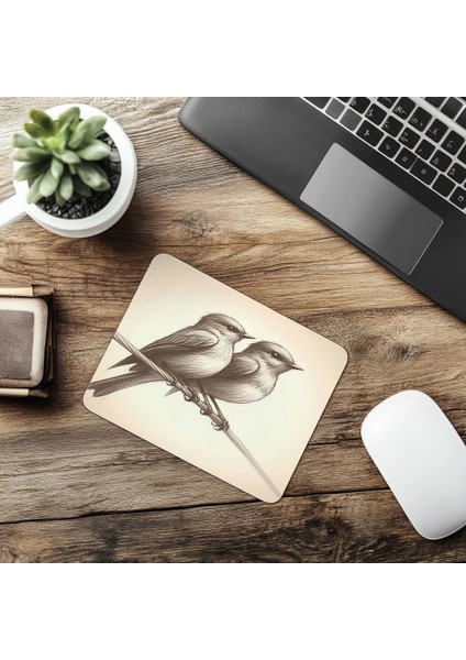 Tel Üzerinde Kuşlar – Minimal Mouse Pad - 19X23 cm 2 mm Dikdörtgen Ithal Baskılı Mouse Pad