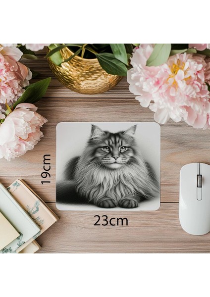 Dik Oturan Kedi Figürü – Kalem Çizimli Mouse Pad - 19X23 cm 2 mm Dikdörtgen Ithal Baskılı Mouse Pad