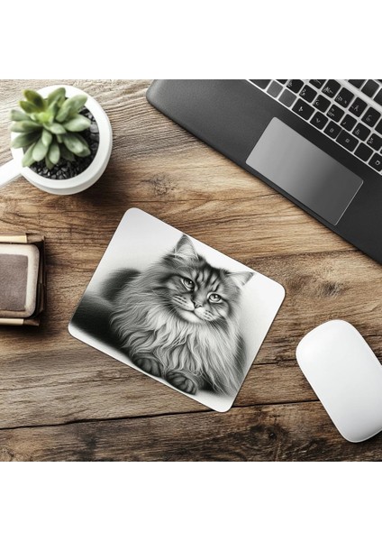 Dik Oturan Kedi Figürü – Kalem Çizimli Mouse Pad - 19X23 cm 2 mm Dikdörtgen Ithal Baskılı Mouse Pad