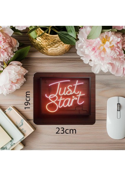 Just Start Neon Yazılı Tuğla Duvarlı Mousepad - 19X23 cm 2 mm Dikdörtgen Ithal Baskılı Mouse Pad