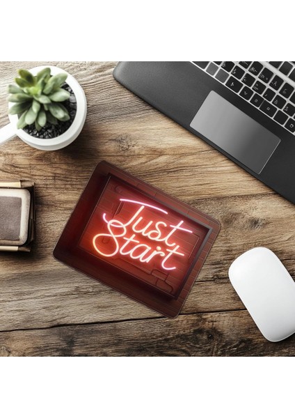 Just Start Neon Yazılı Tuğla Duvarlı Mousepad - 19X23 cm 2 mm Dikdörtgen Ithal Baskılı Mouse Pad